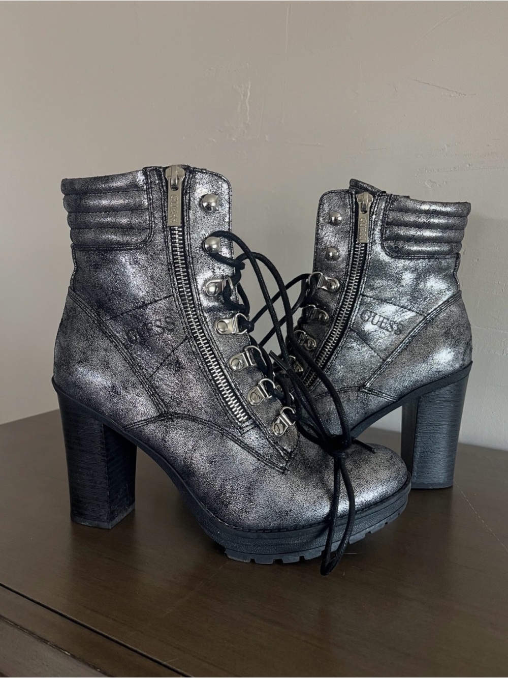 GUESS Metallic Silver-Gray Lace-Up Chunky Heel Ankle Boots